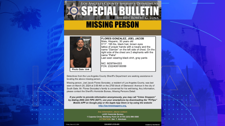 Joel Jacob Flores Gonzalez, 30, has been missing since March 20. He was last seen in Southgate. His family is extremely concerned for his well-being. (Los Angeles County Sheriff's Department)