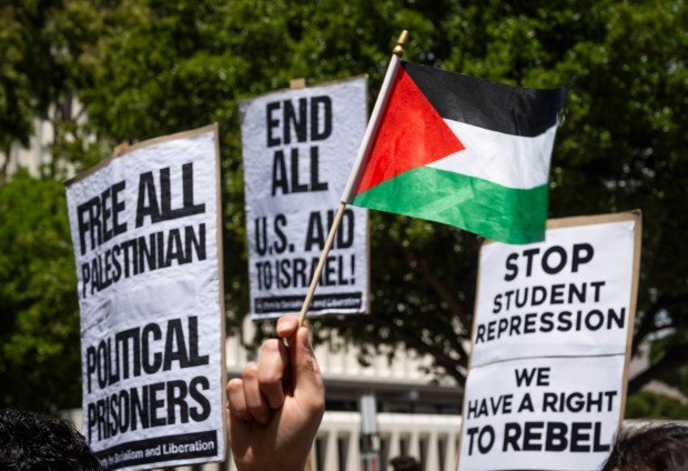 A woman holds a flag of Palestine as people demonstrate...