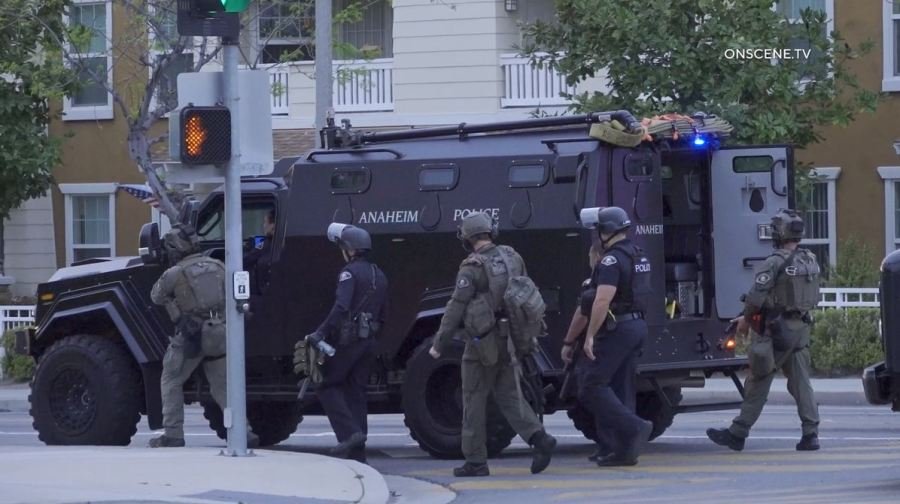 SWAT Team members surrounded an Anaheim senior apartment complex after a woman was shot to death on April 25, 2024. (OnScene.TV)