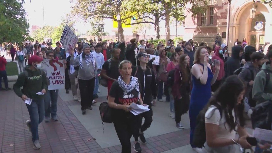 Hundreds of students and community members marched through USC's campus in support of Asna Tabassum's right to speak on April 18, 2024. (KTLA)