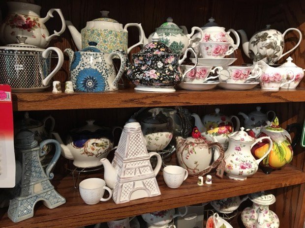 Tea pots on display at Chado Tea Room in Pasadena....