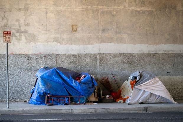 Homeless tents under the 101 Freeway on Hayvenhurst Ave in...