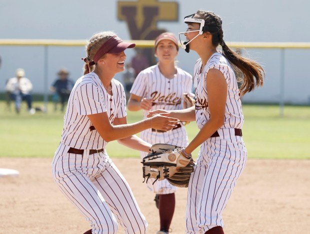 Valley Christian’s Britton Brown and Rachel Zhang celebrate closing out...