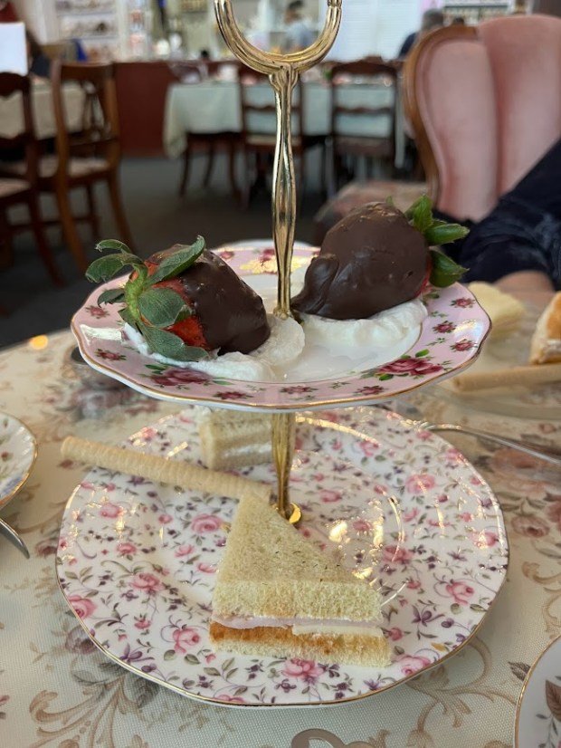 Chocolate-dipped strawberries were offered with tea at the Enchanted Rose Tea Parlour in San Dimas. (Photo by Jody Collins/SCNG)