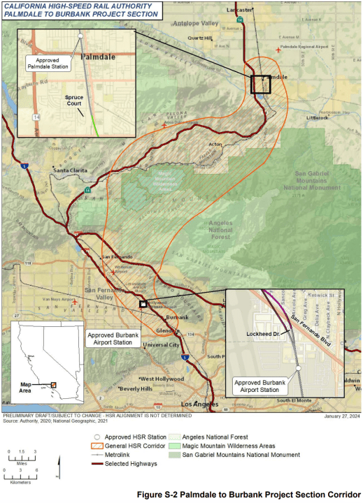 A figure showing he California High-Speed Rail Authority's Palmdale-to-Burbank corridor is featured in the latest environmental impact report for the project. (CAHSR)