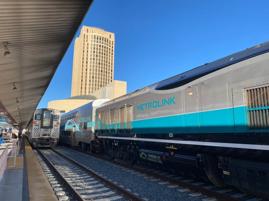 FILE – A Metrolink passenger train is seen at Los Angeles Union Station on Nov. 21, 2023. (KTLA)