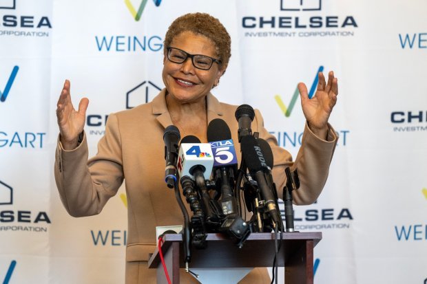 L.A. Mayor Karen Bass speaks during a grand opening ceremony...