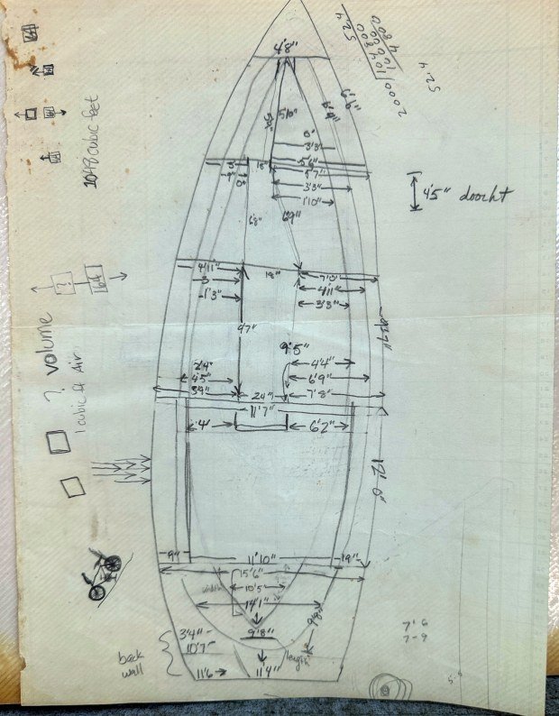 Measurements of Bob Heerdt’s unfinished boat, Visions, in Trabuco Canyon,...