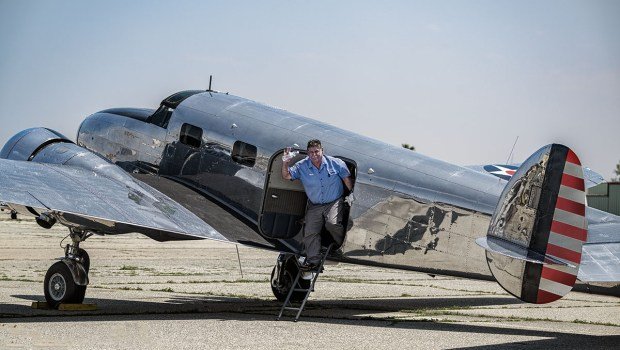 Frank James Wright Jr. is shown stepping out of a Lockheed 12A Electra Junior. Wright and Michael Paul Gilles were remembered by family members recently as people with passions for aviation and other pursuits. The two men died in the June 15 crash of the Lockheed at Chino Airport. (Courtesy of Craig Rembold)