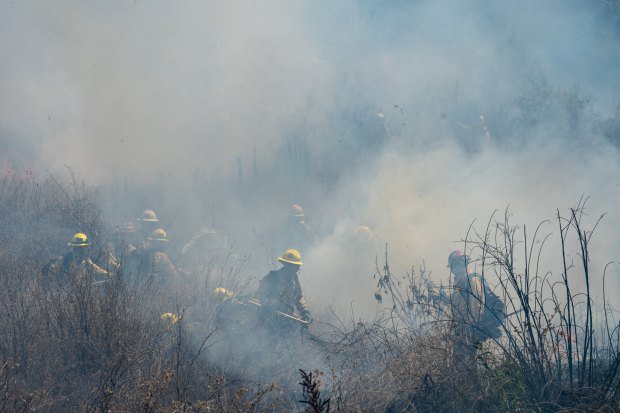 Firefighters from LA City and Angeles National Forest attack a...
