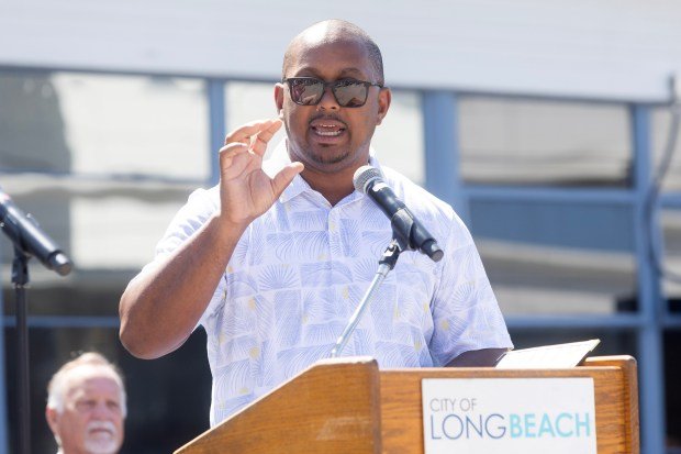 Mayor Rex Richardson speaks during the reopening celebration of Long...