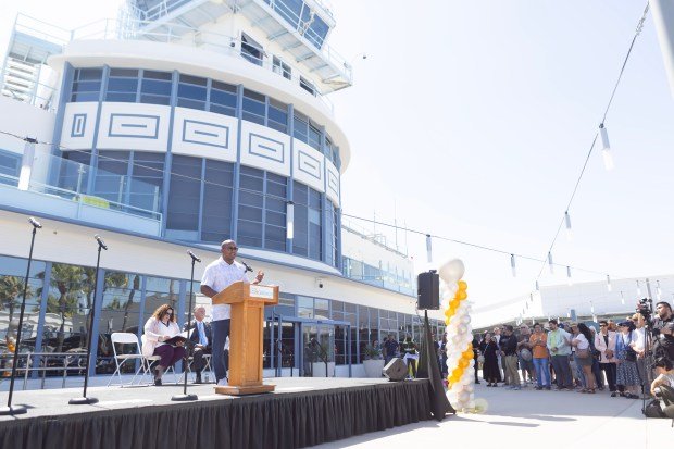 Mayor Rex Richardson speaks during the reopening celebration of Long...