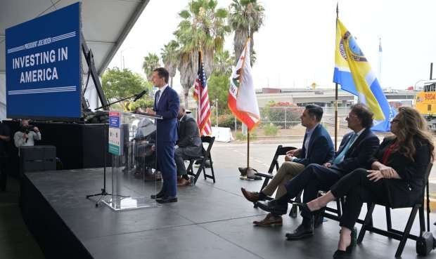 U.S. Secretary of Transportation Pete Buttigieg, speaks as officials gathered...