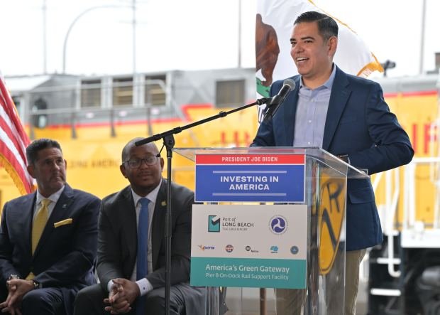 U.S. Rep. Robert Garcia, speaks as officials gathered to break...