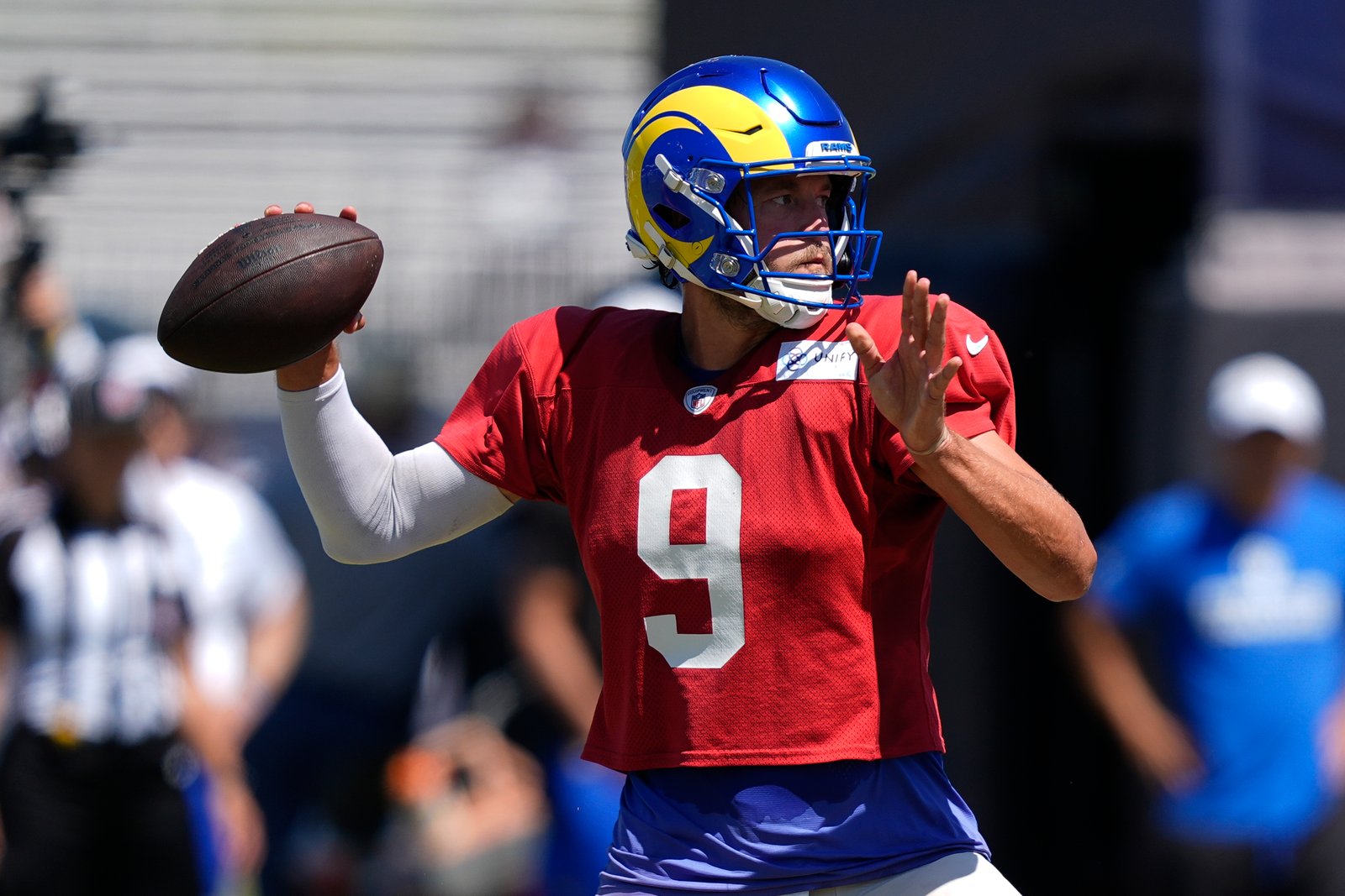 Rams quarterback Matthew Stafford throws during a joint practice with...