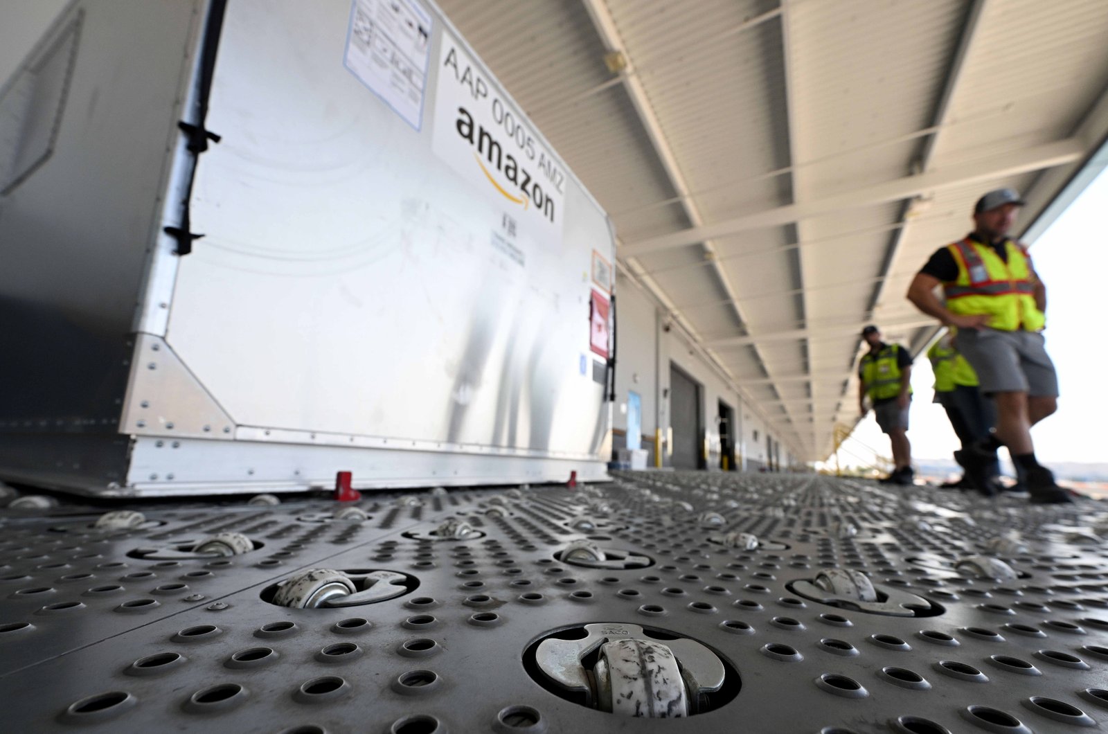 Caster wheels built into a loading dock at Amazon’s San...