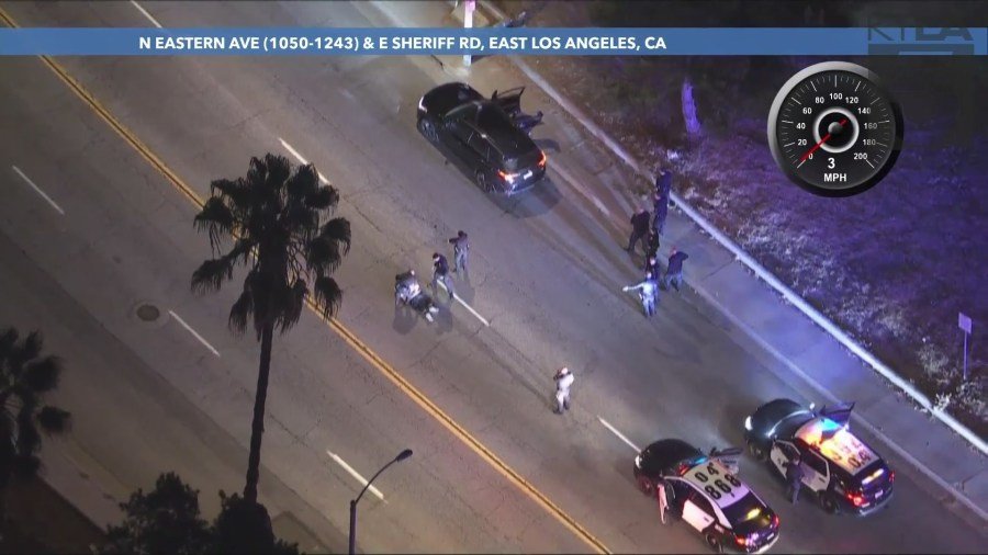 Two passengers in a suspected stolen vehicle were arrested after leading officers on a pursuit in East Los Angeles on August 22, 2024. (KTLA)