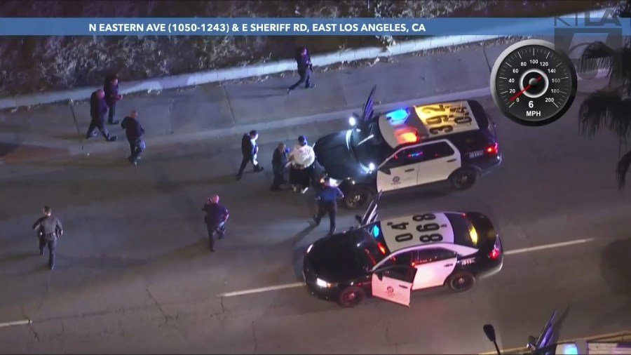 Two suspected car thieves were arrested after leading officers on a pursuit in East Los Angeles on August 22, 2024. (KTLA)