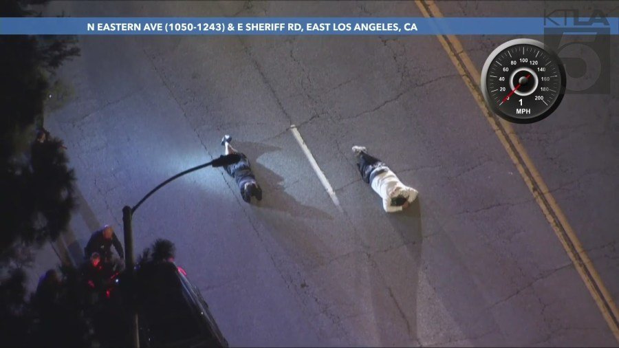 Two passengers in a suspected stolen vehicle were arrested after leading officers on a pursuit in East Los Angeles on August 22, 2024. (KTLA)