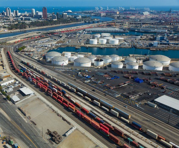 Aerial view of Port of Long Beach Pier B On-dock...